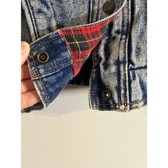Vintage Acid Wash Denim Jean Bomber Jacket Blue 10 Flannel Plaid 80s Y2K Preppy - Picture 6 of 16